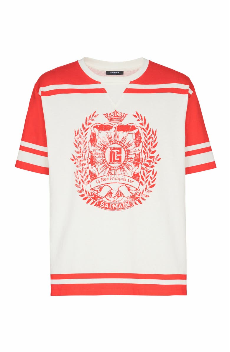 Balmain Varsity T-Shirt With Balmain Écusson Print, Alternate, color, Red