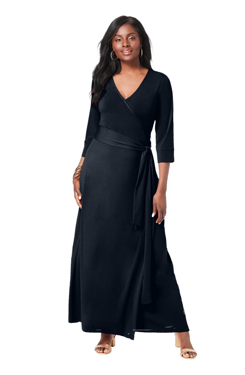 Jessica London Stretch Knit Faux Wrap Maxi Dress, Main, color, Black