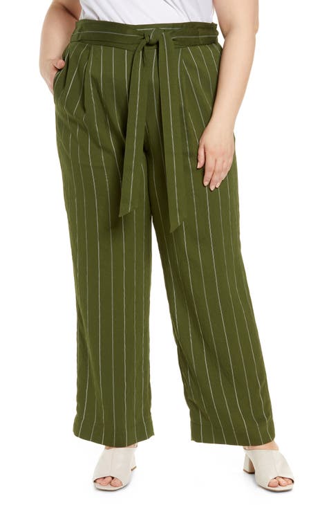 Belted Stripe Wide Leg Pants (Plus Size)