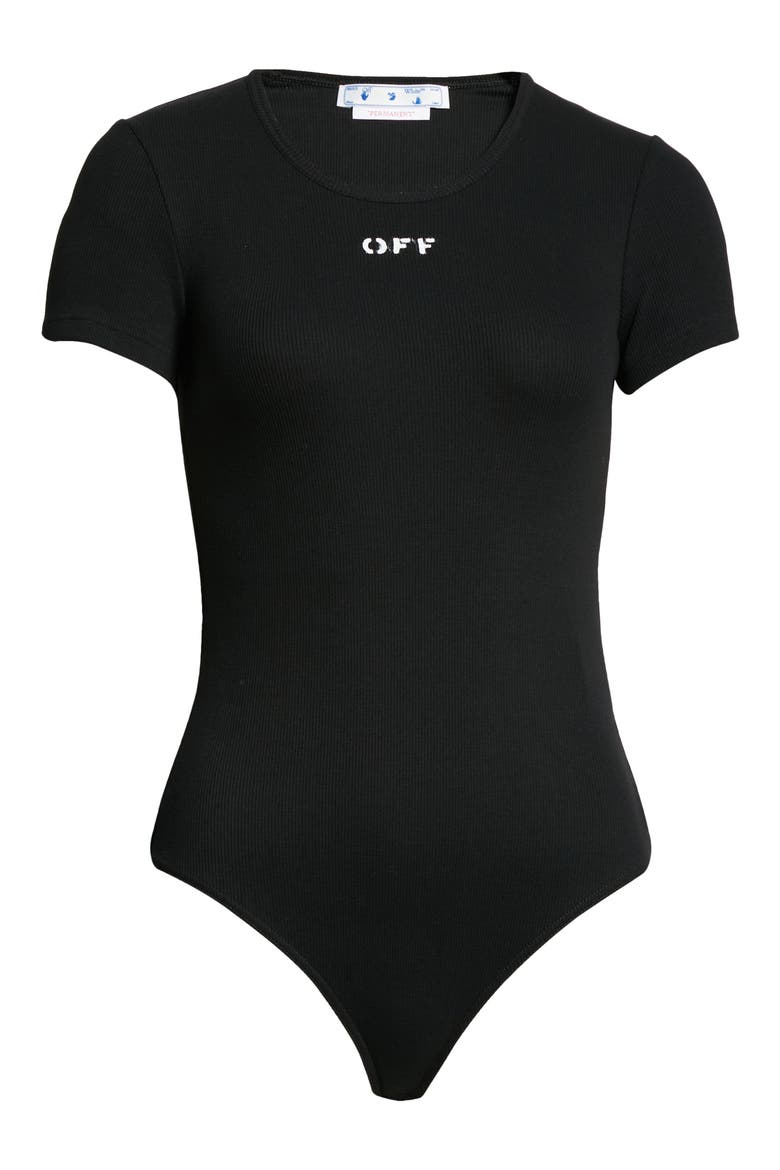 Logo Stamp Rib Stretch Organic Cotton Bodysuit, Alternate, color, BLACK WHITE
