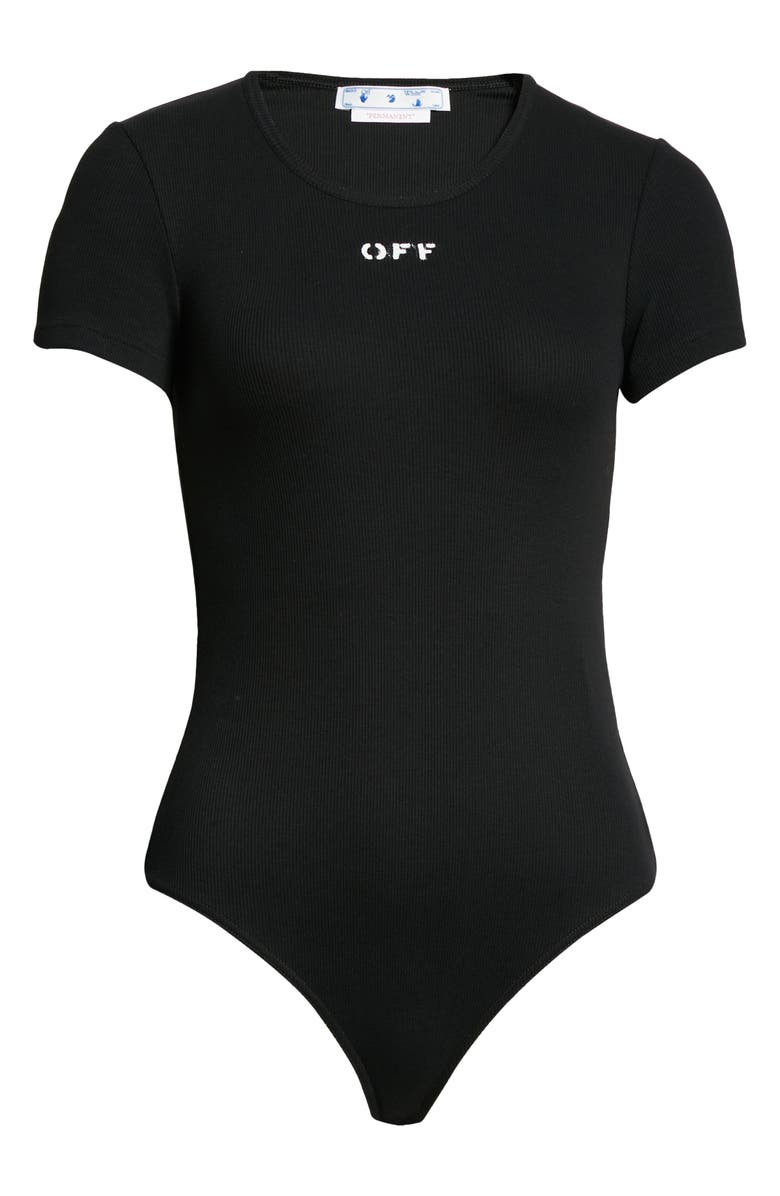 Off-White Logo Stamp Rib Stretch Organic Cotton Bodysuit, Alternate, color, 