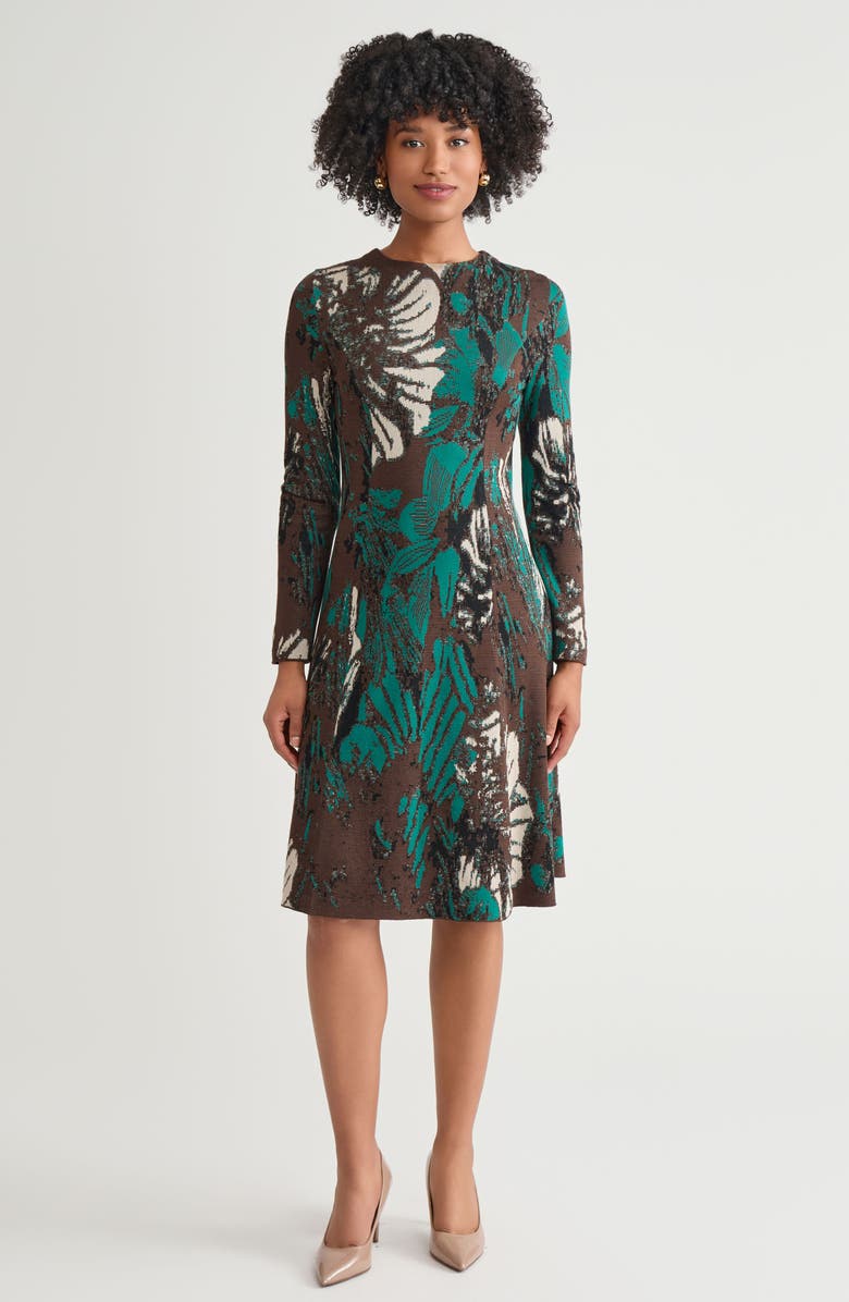 Ming Wang A-Line Floral Jacquard Soft Knit Midi Dress, Main, color, Everest/Dark Umber/Twig/Black