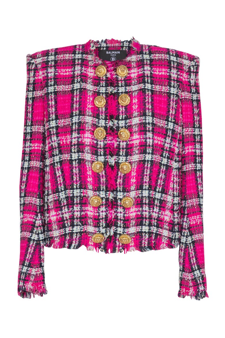 Cropped jacket in glitter plaid tweed, Alternate, color, pink
