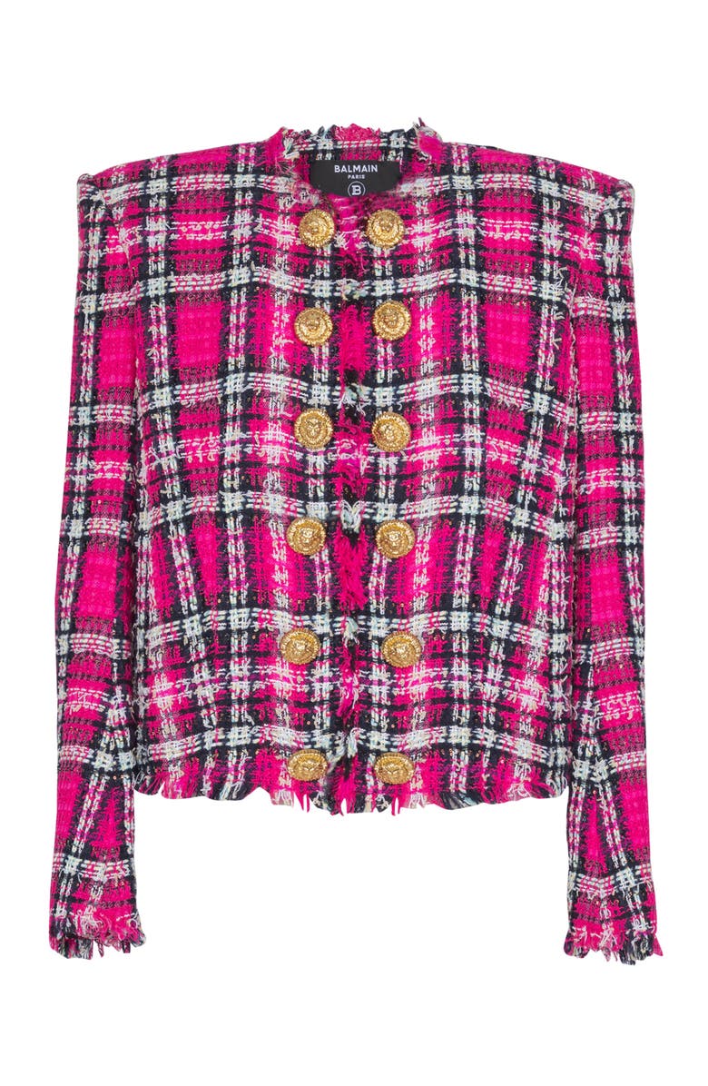 Balmain Cropped jacket in glitter plaid tweed, Alternate, color, Pink