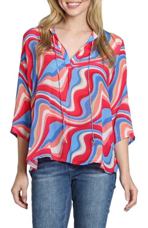 Apny Print Tassel Split Neck Chiffon Top In Pink/blue Multi