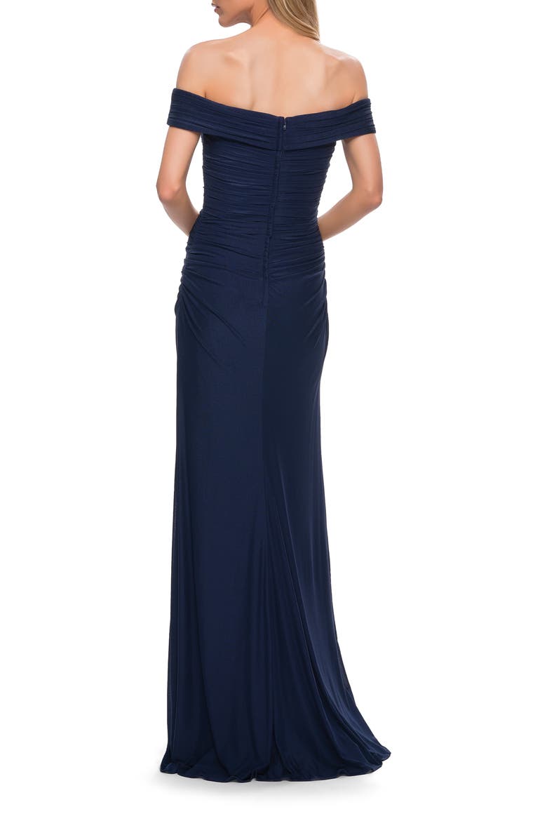 Ruched Off the Shoulder Net Jersey Evening Dress, Alternate, color, Navy