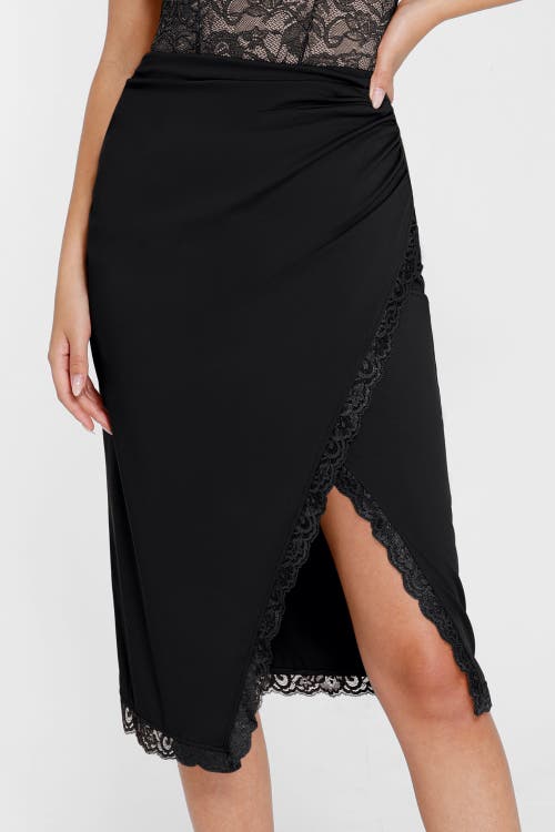 Popilush Shapewear Slimming Lace Trim Midi Wrap Skirt In Midnight Black