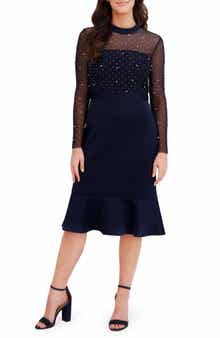 London Times Embellished Illusion Long Sleeve Midi Dress