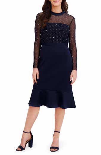 London Times Embellished Illusion Long Sleeve Midi Dress