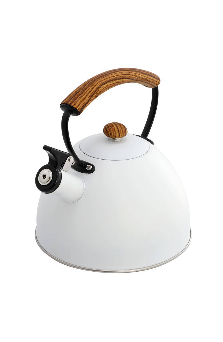 Megachef 3.2 Quart Whistling Tea Kettle with Wood Grain Nylon Cool Touch Handle, Matte White, Alternate, color, Matte White