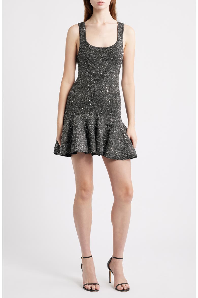Sarajane Metallic Flounce Hem Minidress, Main, color, BLACK