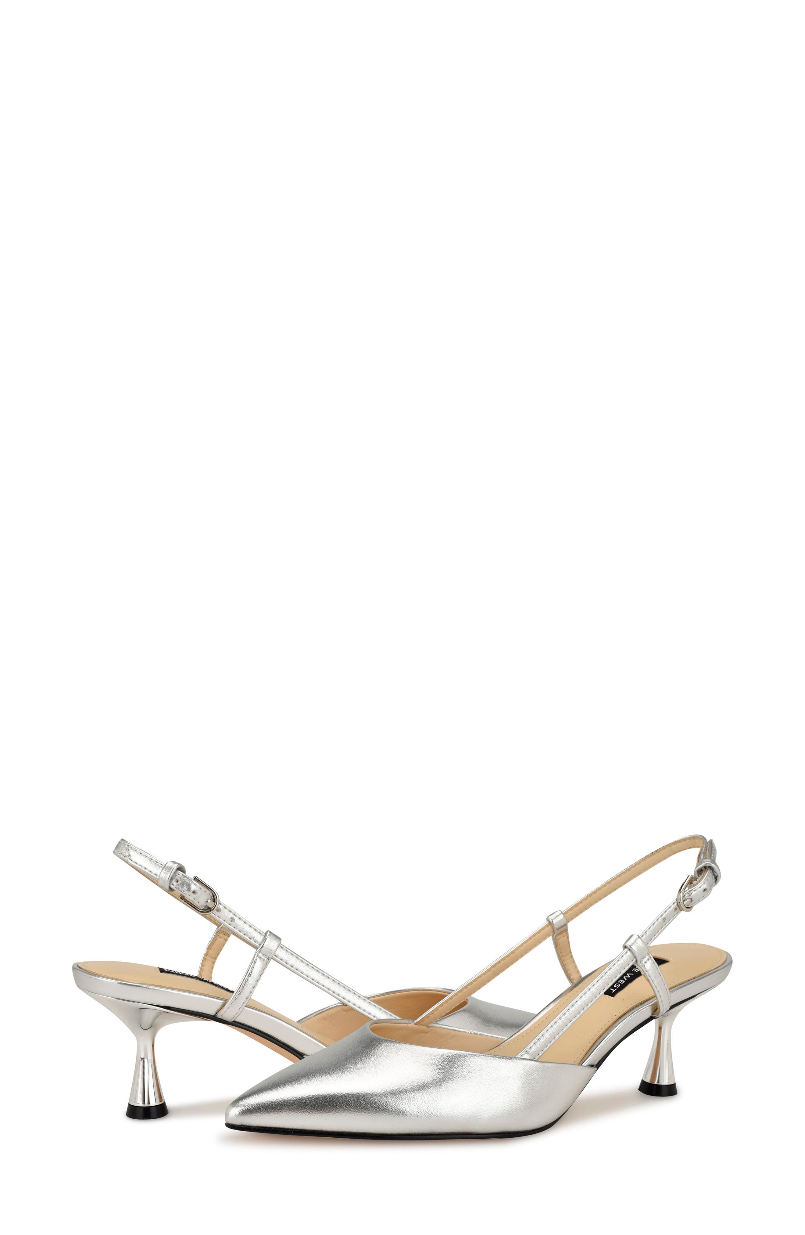Nine West Rhonda Slingback Pointed Toe Kitten Heel Pump, Alternate, color, Silver