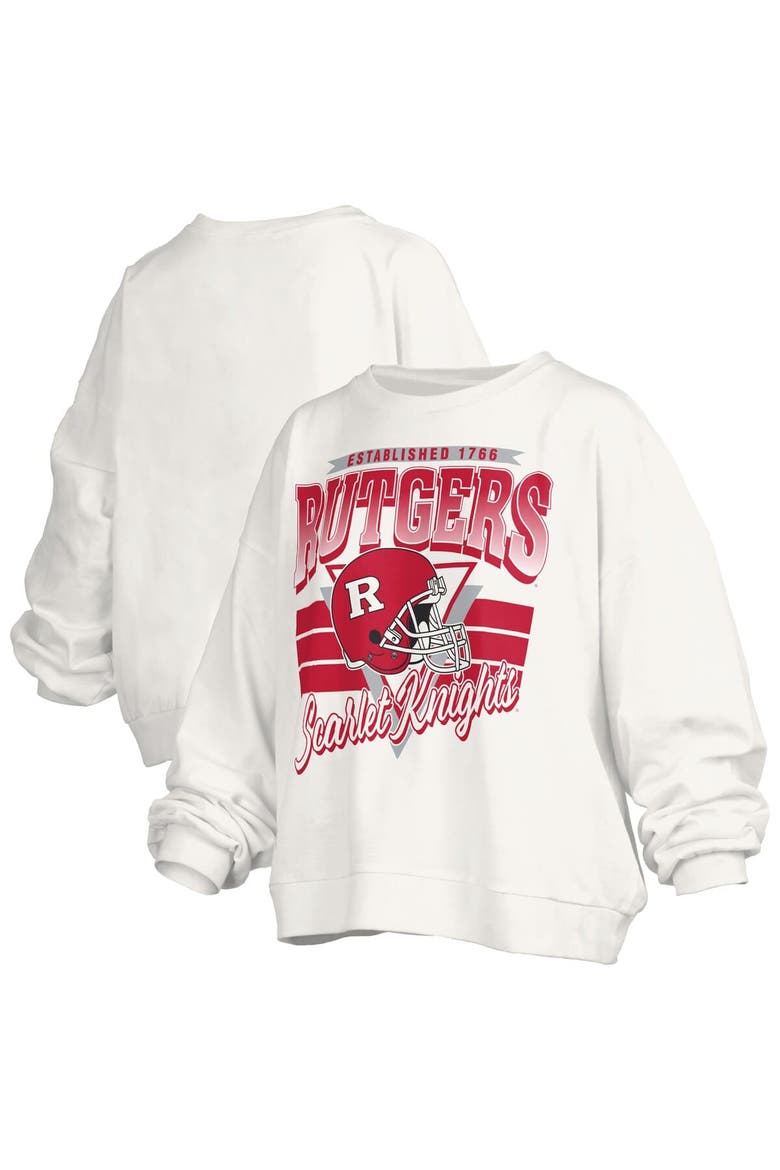 Women's Pressbox White Rutgers Scarlet Knights Oversized Janice Retro Waist-Length Pullover Sweatshirt, Main, color, White