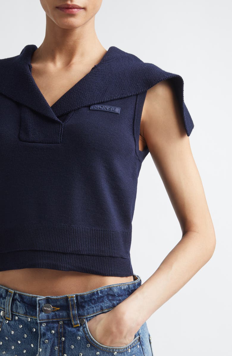 MONSE Crop Sailor Collar Merino Wool Sweater, Alternate, color, Midnight