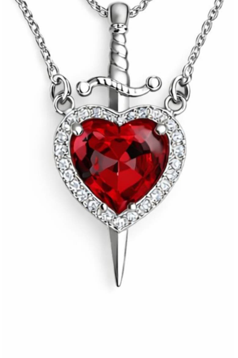 Set of 2 Heart & Dagger Crystal Pendant Necklaces, Alternate, color, RED/ SILVER