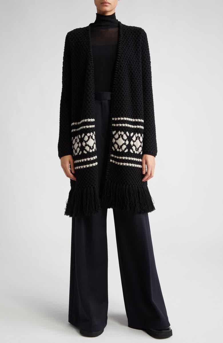 Max Mara Orione Longline Tie Waist Fringe Trim Wool & Cashmere Cardigan, Alternate, color, Black