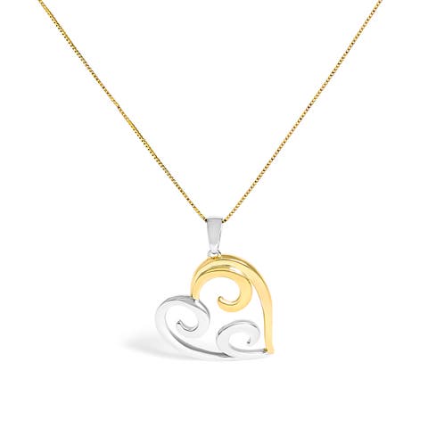 10K Yellow Gold Over Silver Open Heart with Swirls Box Chain Pendant Necklace