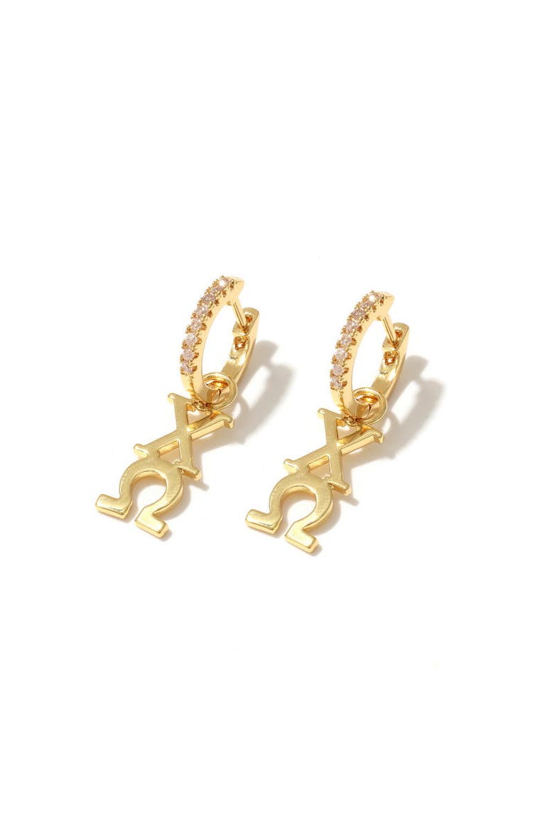 Chi Omega Greek Letter Huggie + Charm Earrings, Main, color, Yellow Gold
