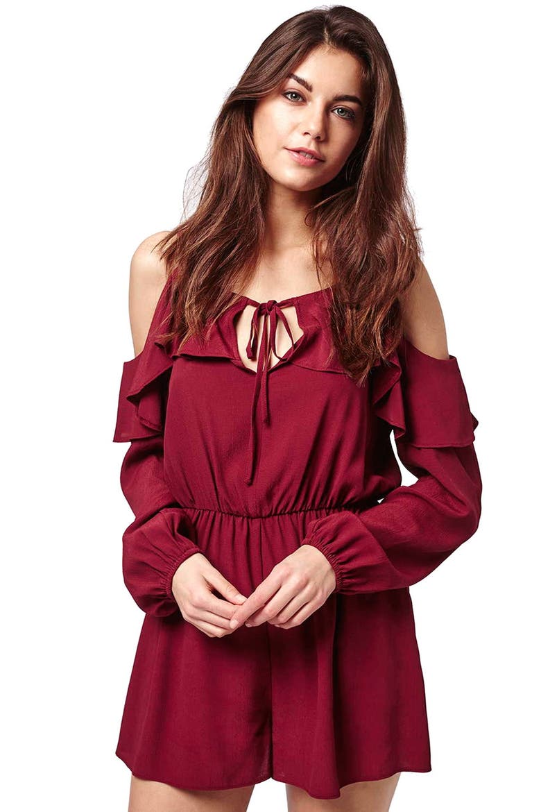 Ruffled Cold Shoulder Romper, Alternate, color, RED