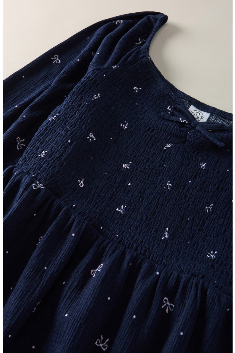 Kids' Ruffle Hem Smocked Dress, Alternate, color, NAVY- PINK DOTTY BOWS