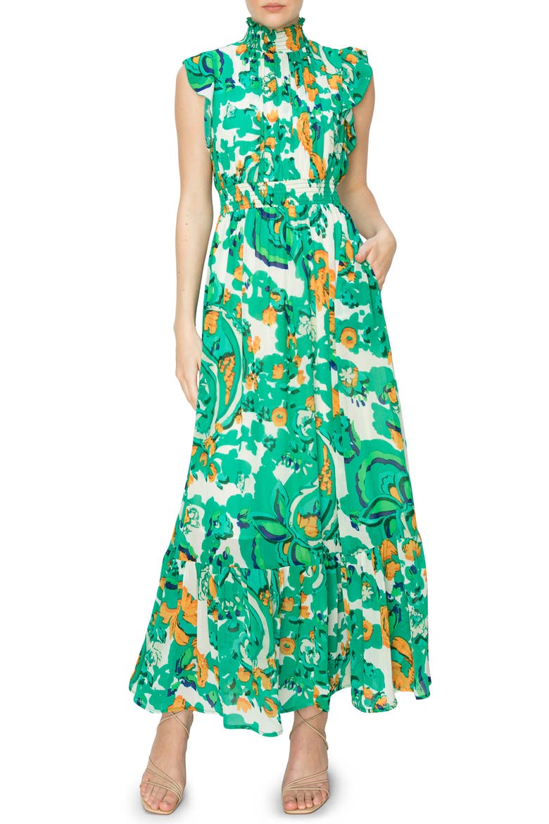 Smocked Mock Neck Tiered Maxi Dress, Main, color, GREEN ORANGE