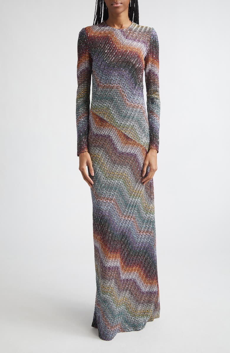 Missoni Greek Zigzag Sequin Lamé Long Sleeve Dress, Main, color, Multi Dark