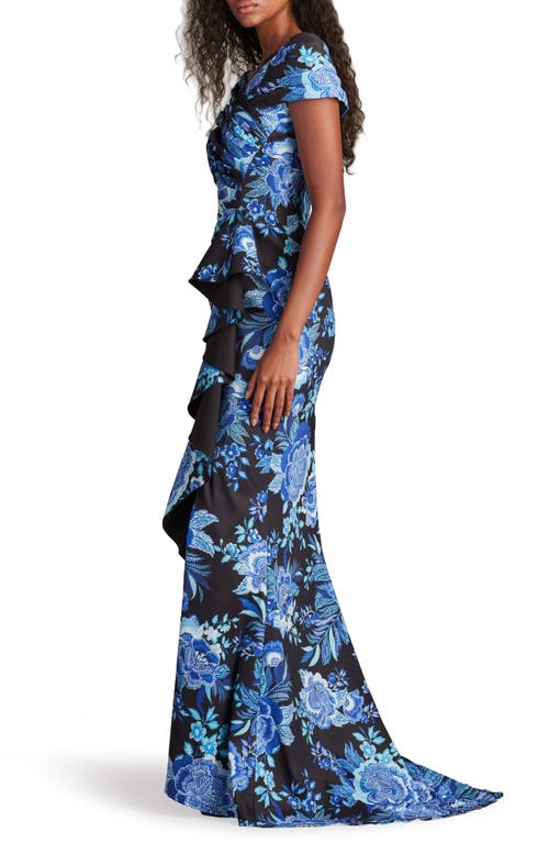 Tadashi Shoji Floral Print Ruffle Off The Shoulder Gown In Black/blue Floral