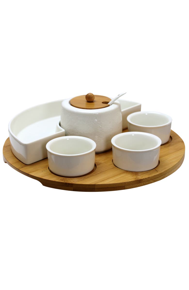 Elama 8 Piece Appetizer Serving Set with 4 Serving Dishes, Center Condiment Server, Spoon, and Wood Serving Tray, Main, color, White