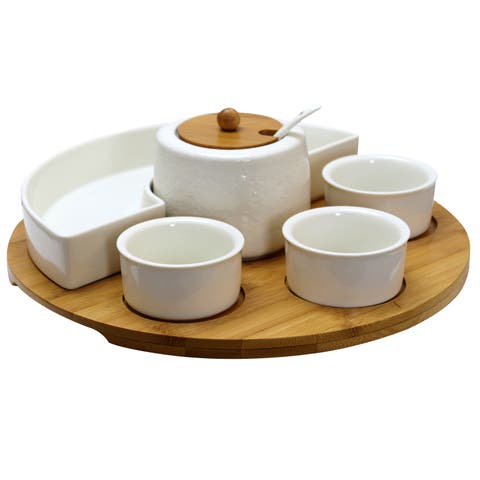 8 Piece Appetizer Serving Set with 4 Serving Dishes, Center Condiment Server, Spoon, and Wood Serving Tray