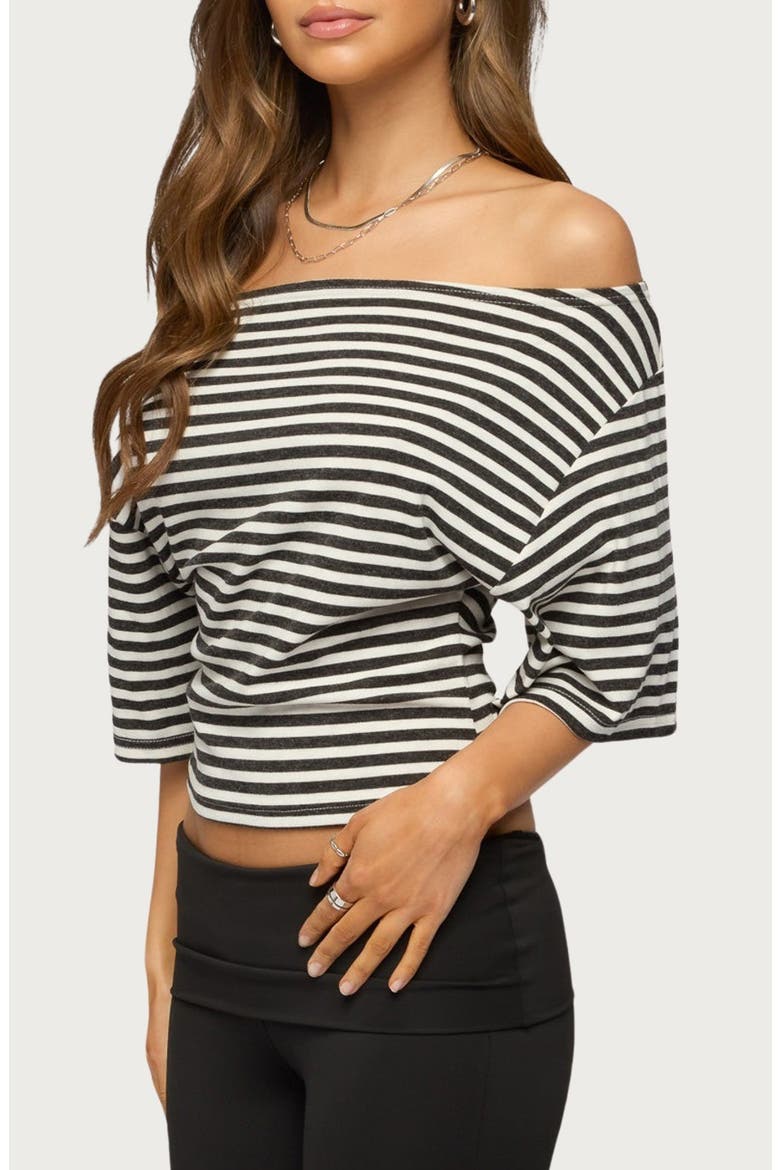 Jadan Stripe Off the Shoulder Top, Alternate, color, DARK-GRAY-AND-WHITE