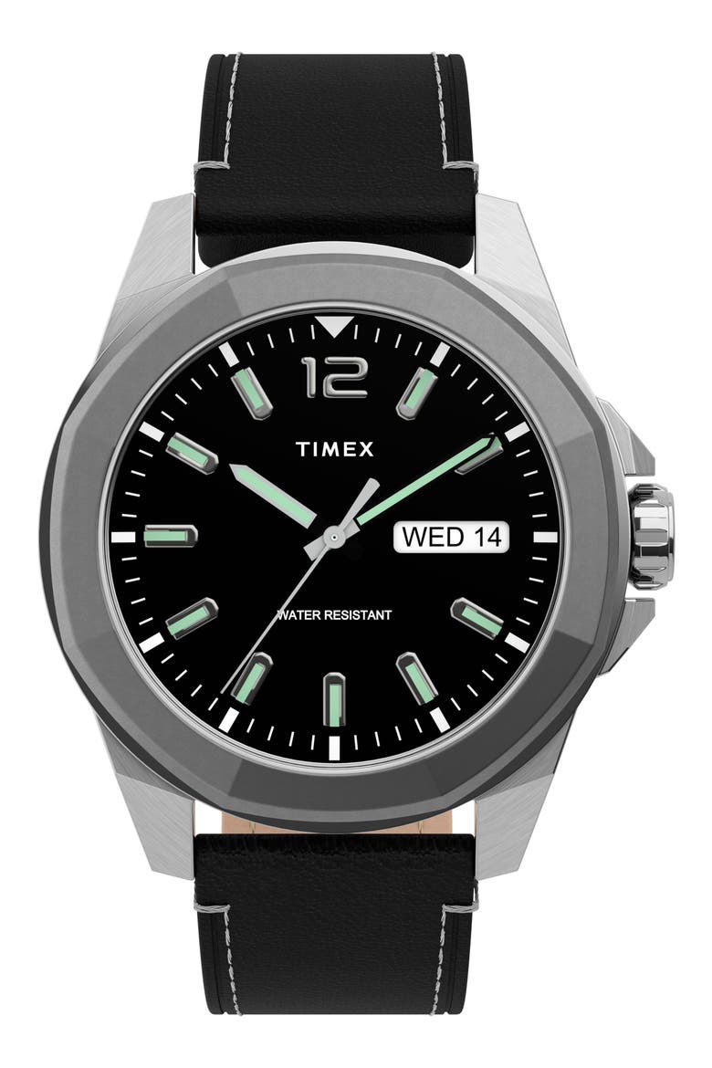 Essex Avenue Leather Strap Watch, 44mm, Main, color, BLACK/ SILVER