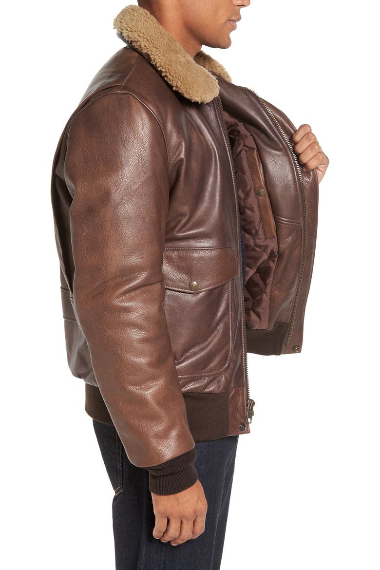 Cowhide Bomber Jacket with Genuine Shearling Collar, Alternate, color, BROWN