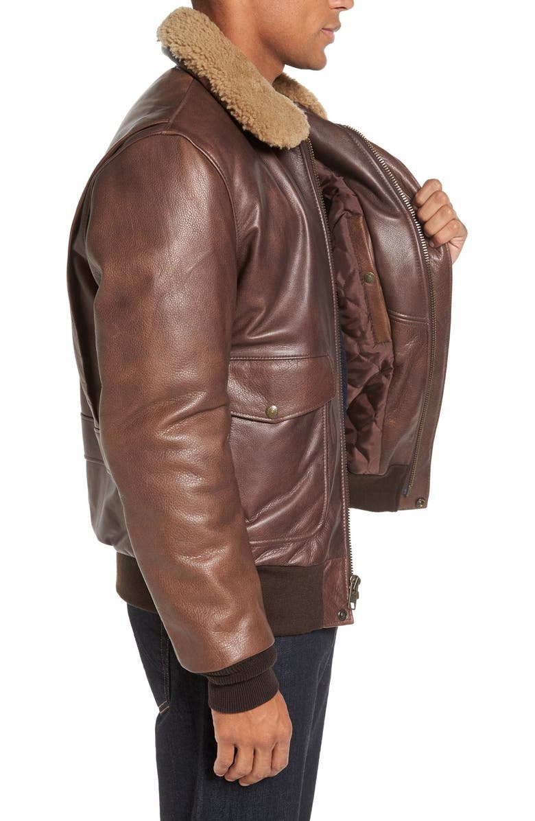 Schott NYC Cowhide Bomber Jacket with Genuine Shearling Collar, Alternate, color, Brown