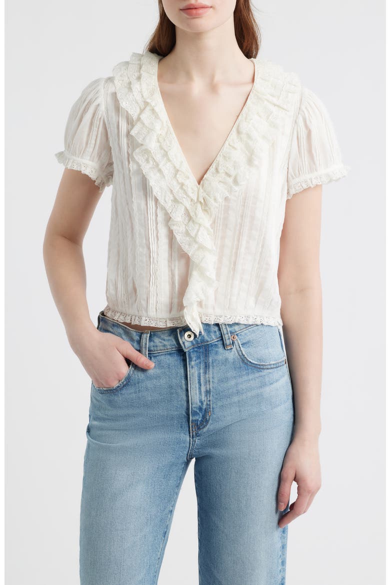 Bernadette Pleated Lace Ruffle Trim Top, Main, color, SALT