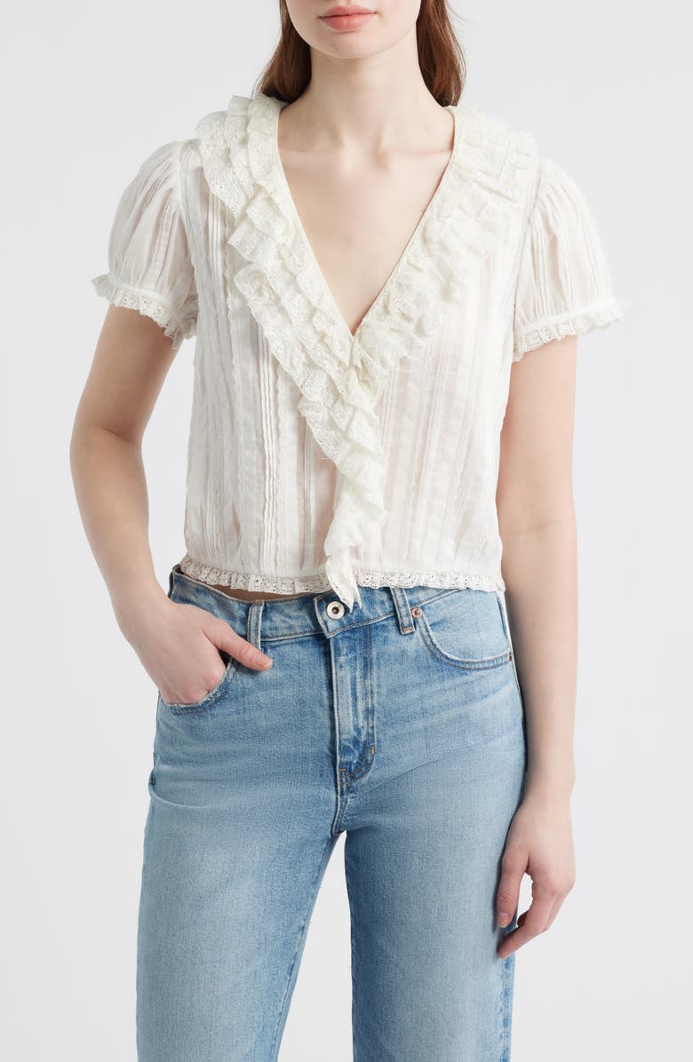DÔEN Bernadette Pleated Lace Ruffle Trim Top, Main, color, Salt