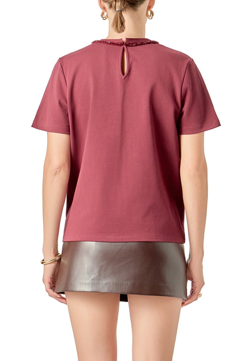 Beaded Bow Cotton T-Shirt, Alternate, color, BURGUNDY
