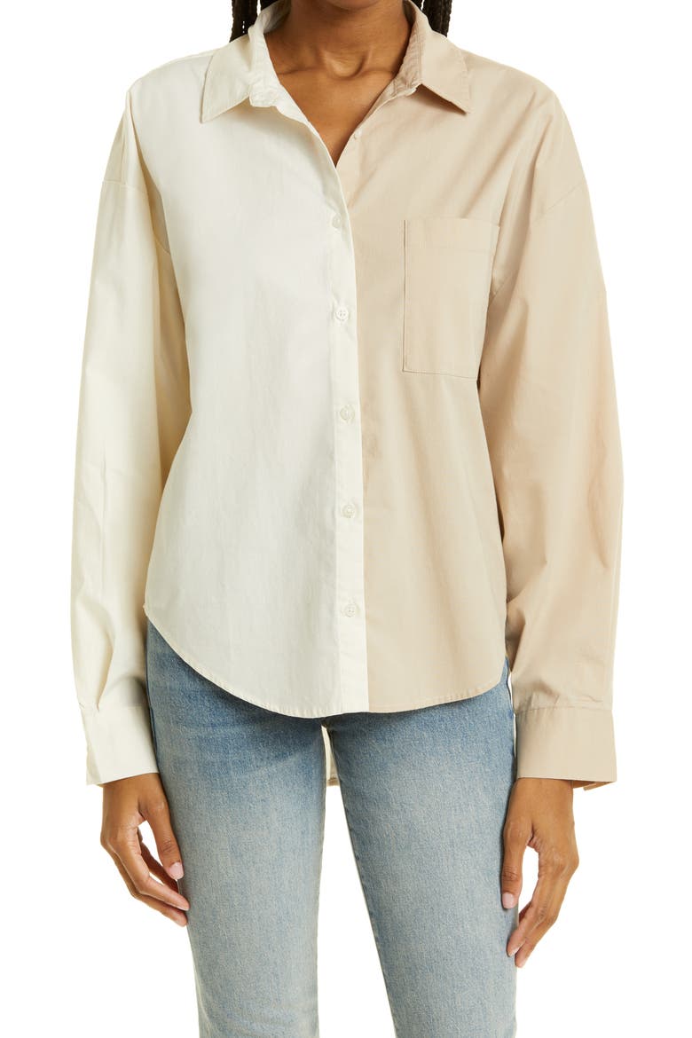 Sloane High-Low Stretch Cotton Shirt, Main, color, SESAME ECRU SPLIT