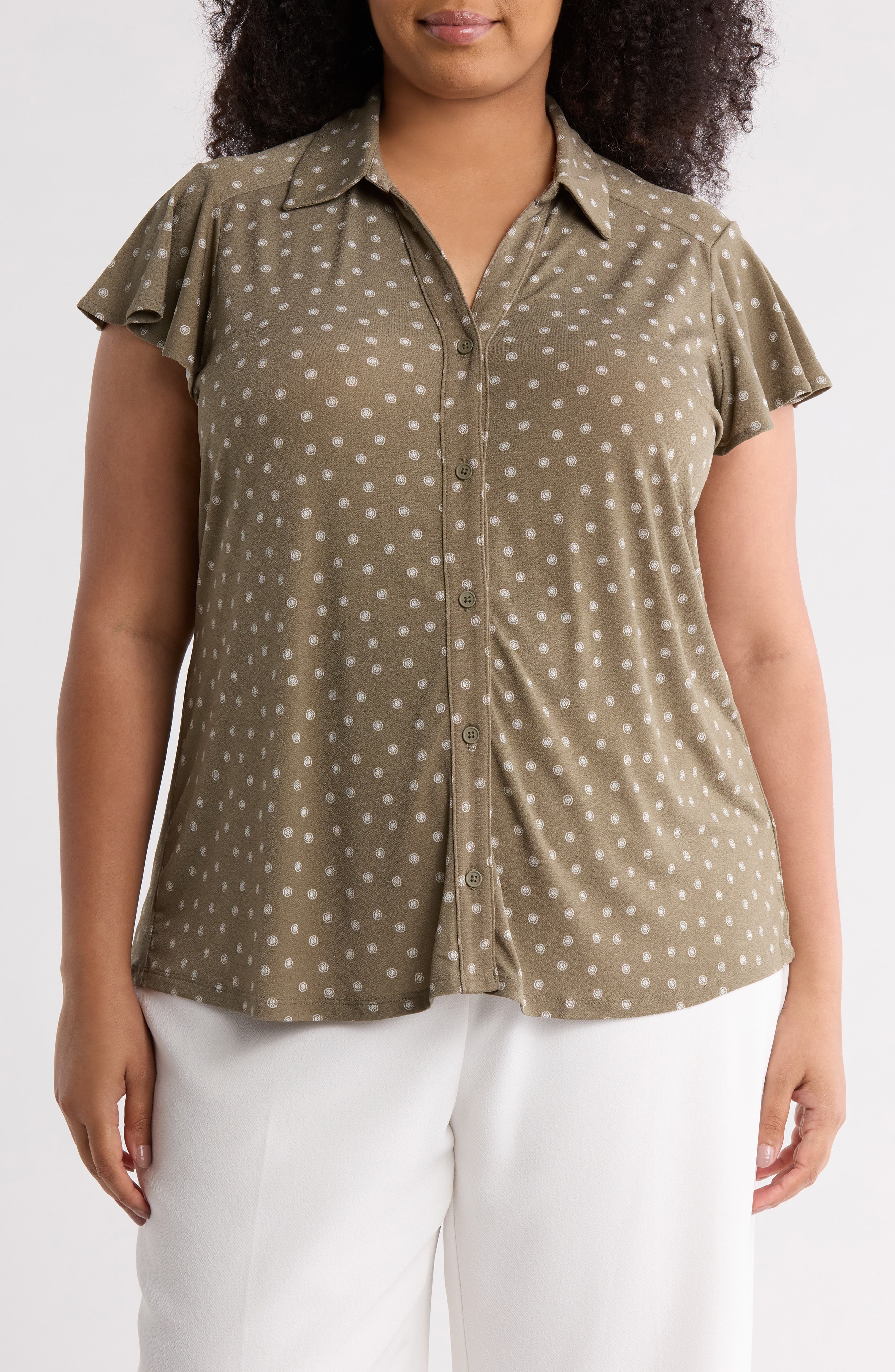 Adrianna Papell Flutter Sleeve Crepe Button-Up Top