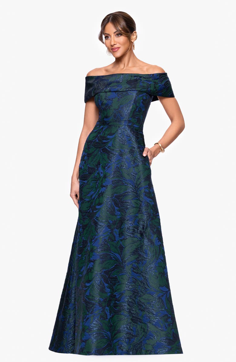 Xscape Evenings Off the Shoulder Brocade Ballgown, Alternate, color, Navy / Green