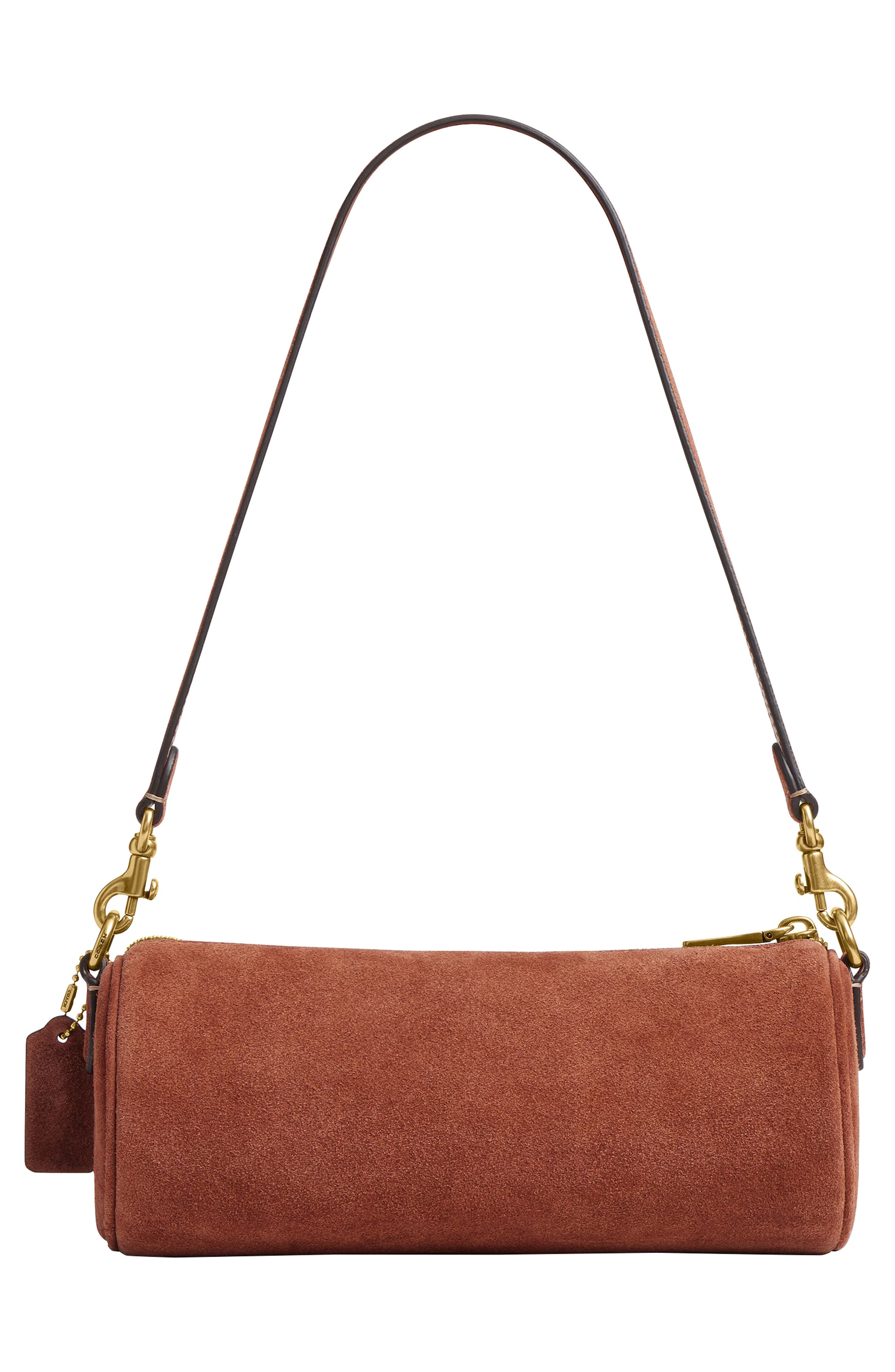 COACH Suede Barrel Bag, Alternate, color, Clay