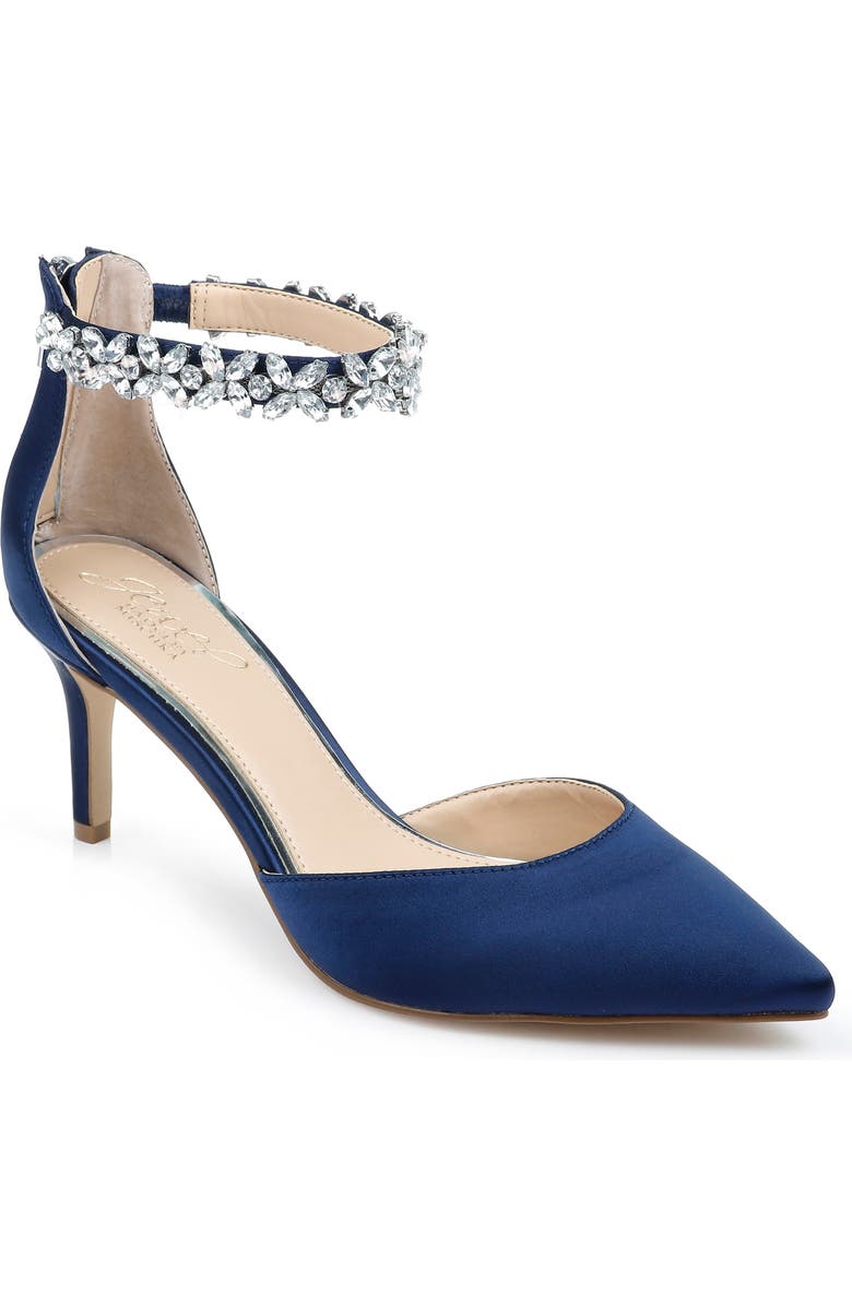 Jewel Badgley Mischka Raleigh Pointed Toe Ankle Strap Pump, Main, color, Navy Satin
