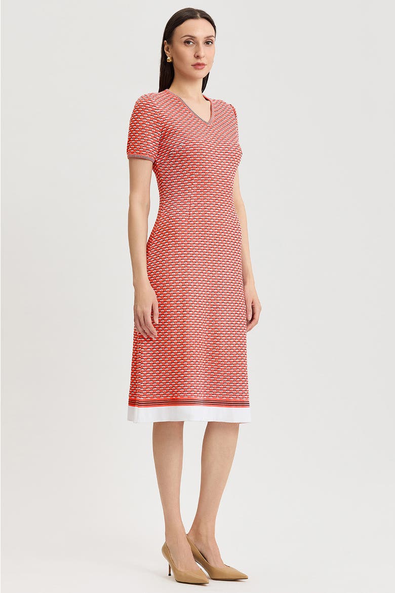 A-Line Textured Multi-Stitch Midi Dress, Alternate, color, Sunkist Coral/White/Indigo