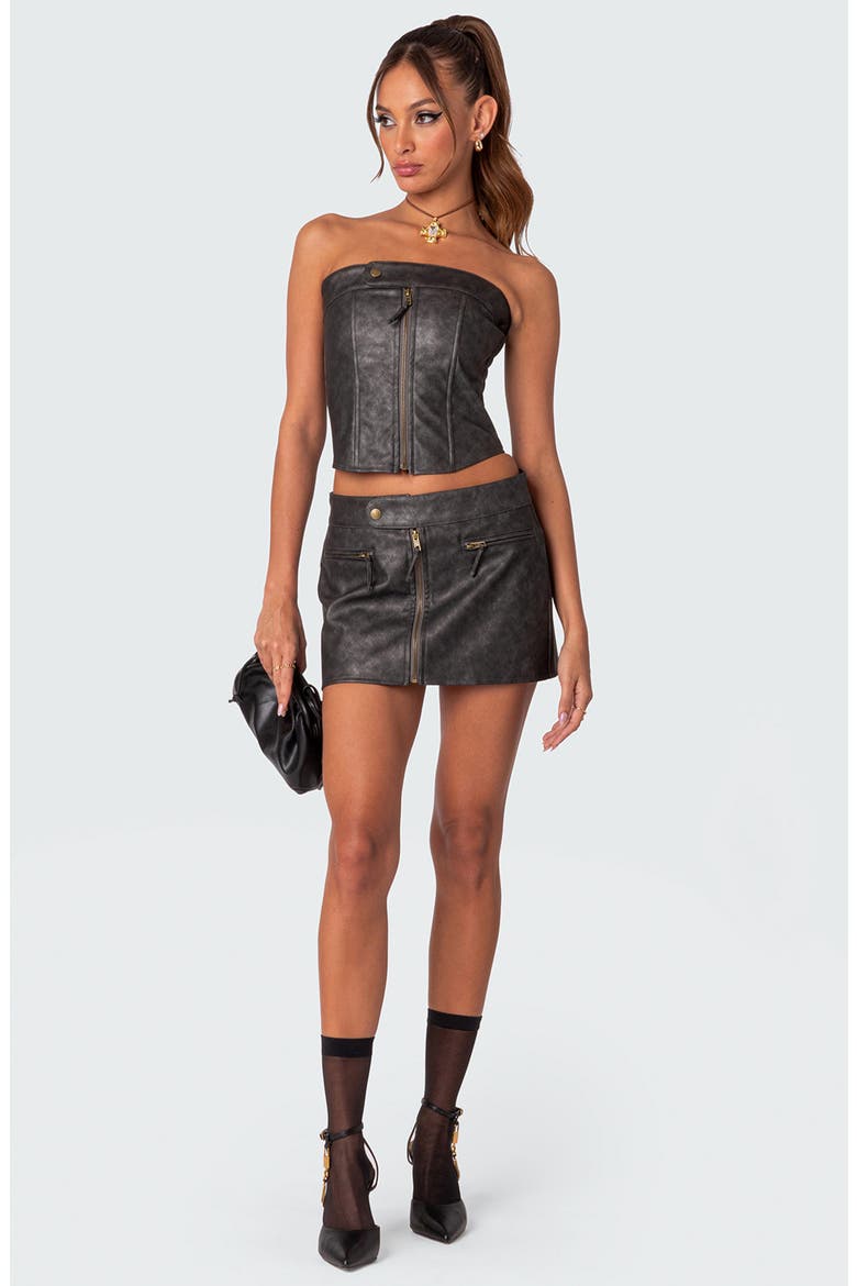 Ziva Lace Up Strapless Faux Leather Corset Top, Alternate, color, BLACK