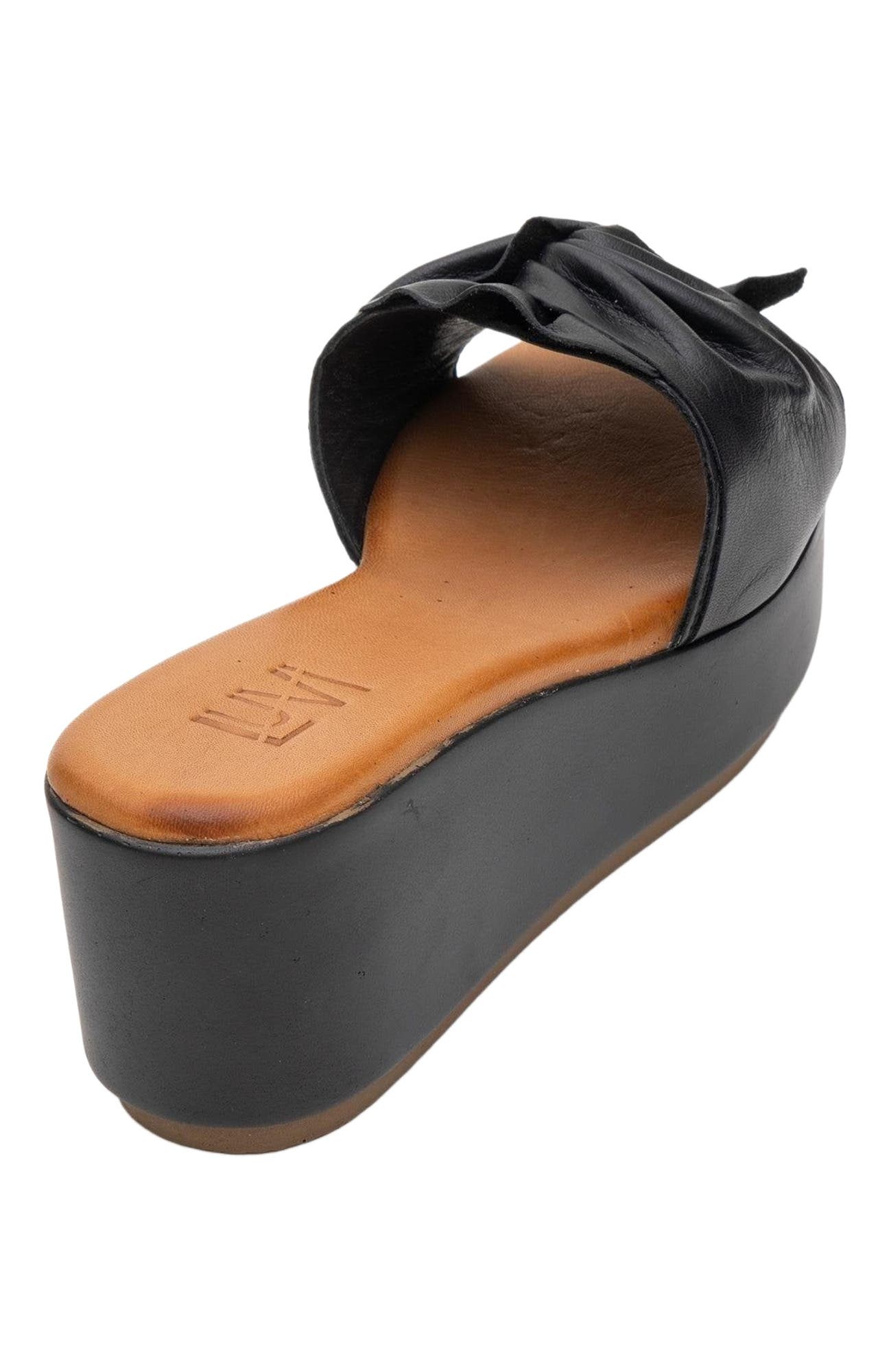Forever & Always Shoes Syndra Bow Wedge Leather Sandal, Alternate, color, Black Leather