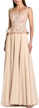 Mac Duggal Petite Embroidered Peplum Top With Chiffon Skirt Gown