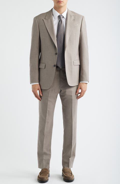 Tan Mélange Wool & Silk Blend Peak Lapel Suit