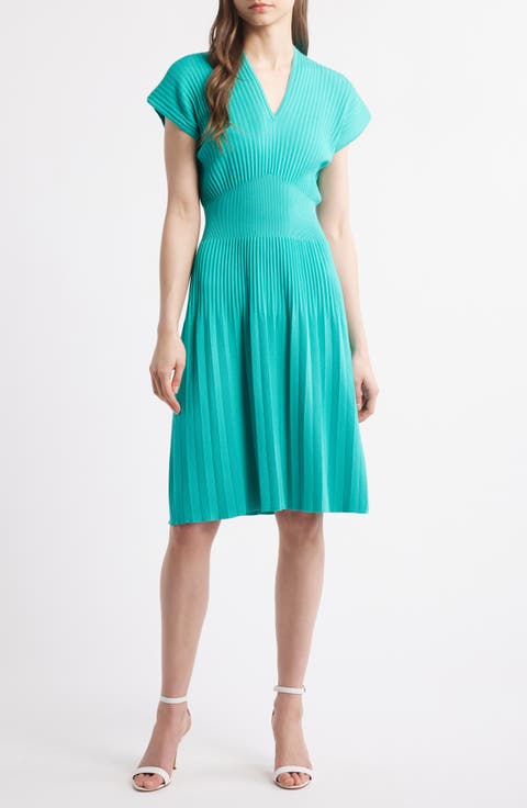 x Tanya Foster Pleated Rib Fit & Flare Dress