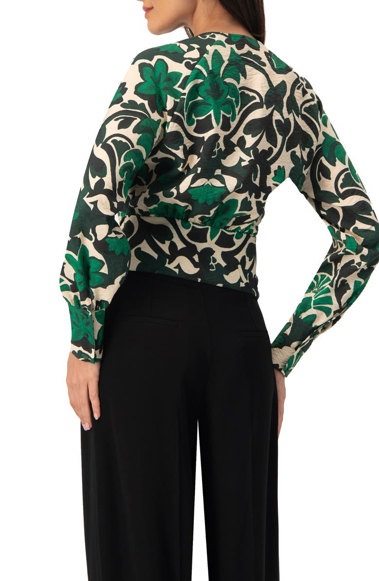 IVONNE Floral Print Blouse with Waist Tie and Keyhole Neckline, Alternate, color, Green