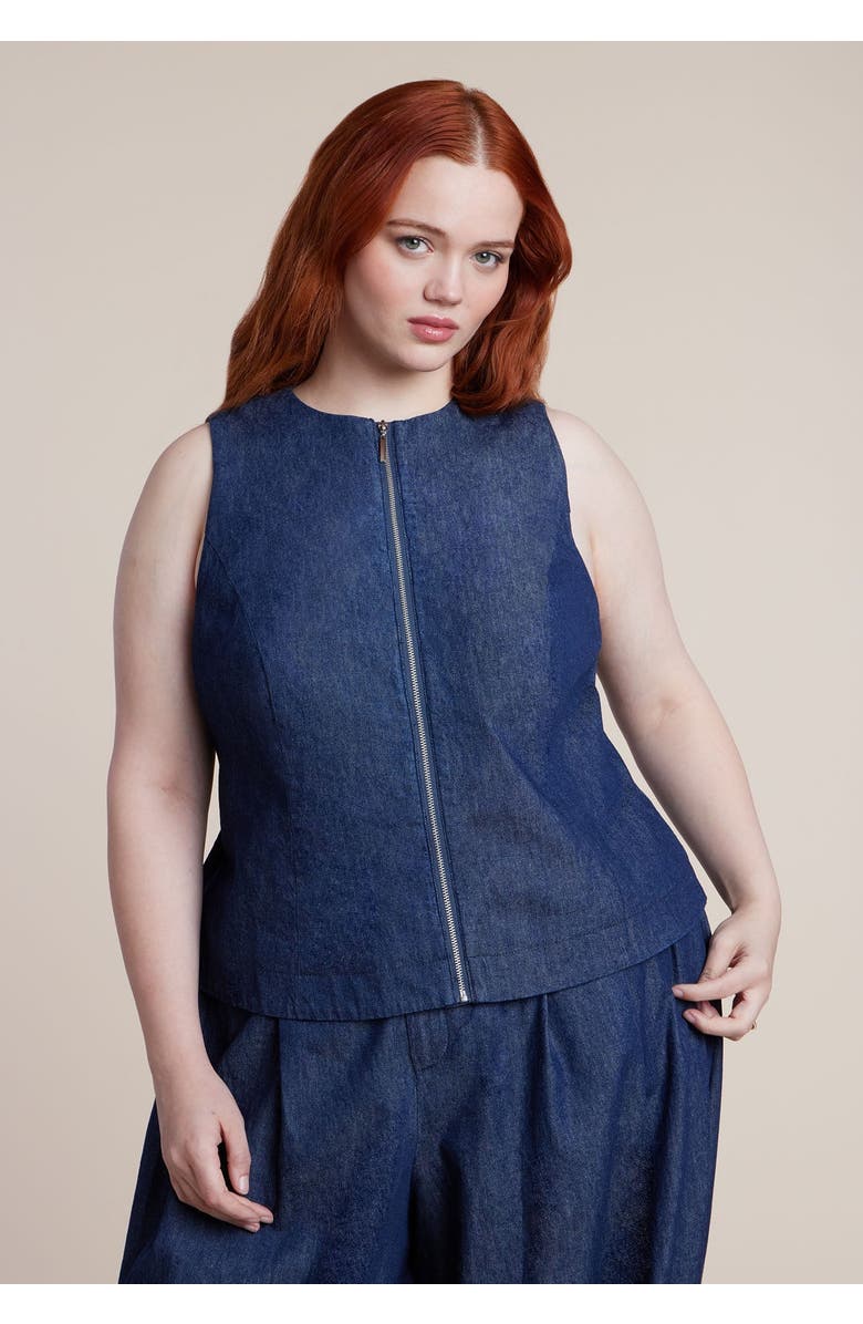 ELOQUII Chambray Zip Up Top, Main, color, Dark Wash