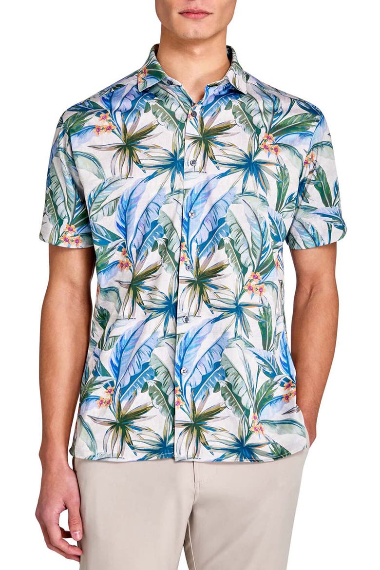 Regular Fit Tropical Chambray Recycled Performance Golf Button-Down Shirt, Main, color, CREAM